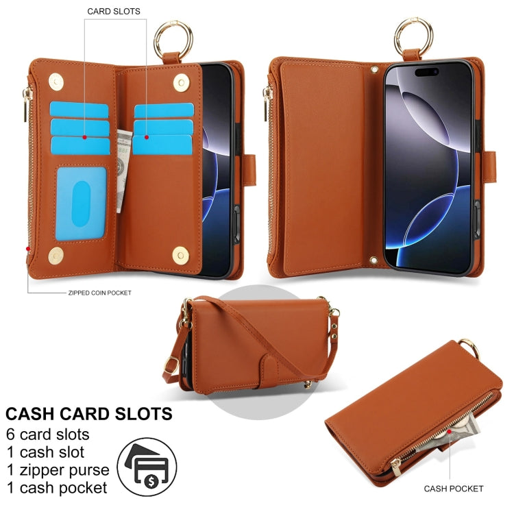 For iPhone 16 Pro Max Crossbody Ring Multifunctional Wallet Leather Phone Case(Brown) - iPhone 16 Pro Max Cases by buy2fix | Online Shopping UK | buy2fix