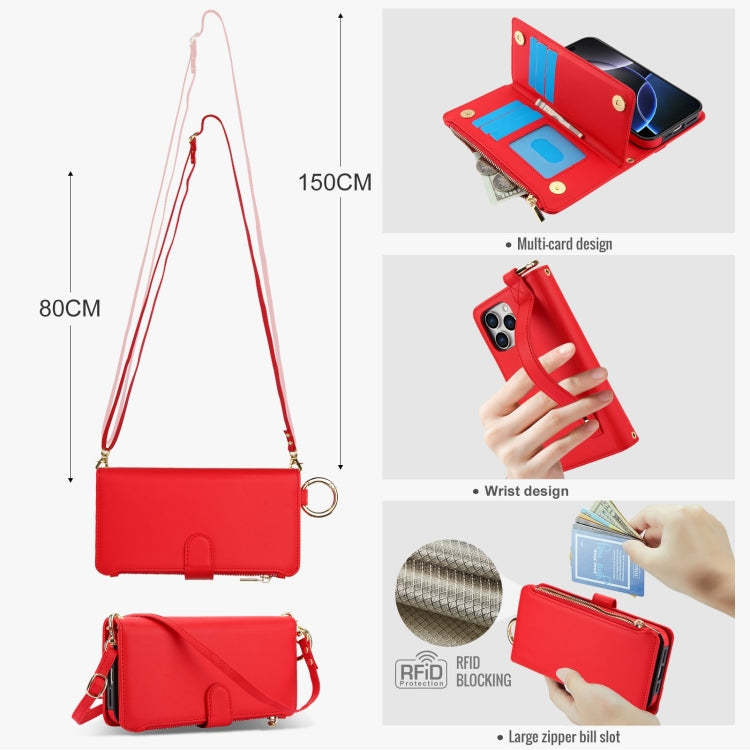 For iPhone 16 Pro Crossbody Ring Multifunctional Wallet Leather Phone Case(Red) - More iPhone Cases by buy2fix | Online Shopping UK | buy2fix