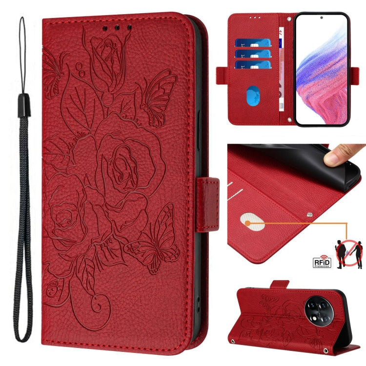 For OnePlus 11 Embossed Rose RFID Anti-theft Leather Phone Case(Red) - OnePlus Cases by buy2fix | Online Shopping UK | buy2fix