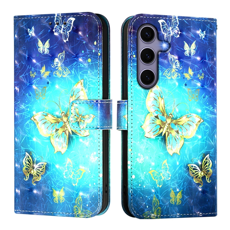 For Samsung Galaxy S25 5G 3D Painting Horizontal Flip Leather Phone Case(Golden Butterfly) - Galaxy S25 5G Cases by buy2fix | Online Shopping UK | buy2fix