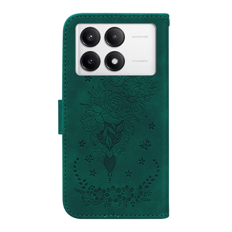 For Redmi K70 / K70 Pro Butterfly Rose Embossed Leather Phone Case(Green) - K70 Cases by buy2fix | Online Shopping UK | buy2fix