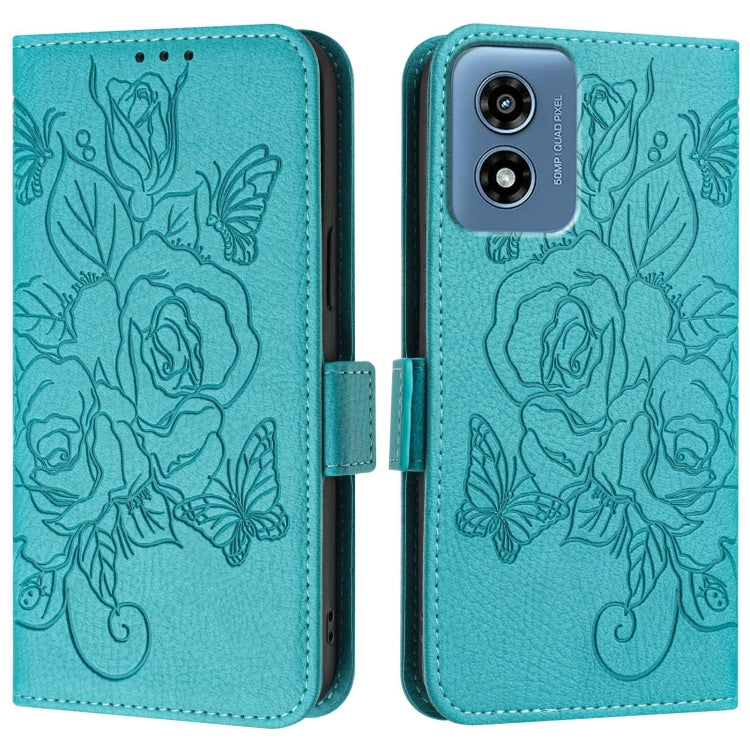 For Motorola Moto G Play 5G / G 5G 2024 Embossed Rose RFID Anti-theft Leather Phone Case(Light Blue) - Motorola Cases by buy2fix | Online Shopping UK | buy2fix