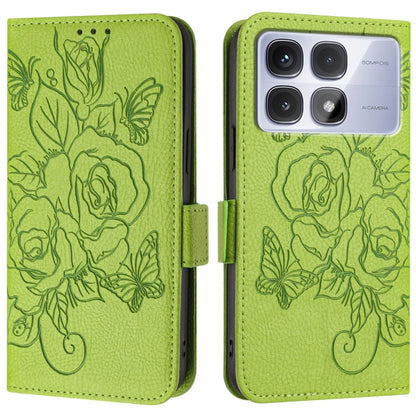 For Redmi K70 Ultra 5G Global Embossed Rose RFID Anti-theft Leather Phone Case(Green) - Xiaomi Cases by buy2fix | Online Shopping UK | buy2fix