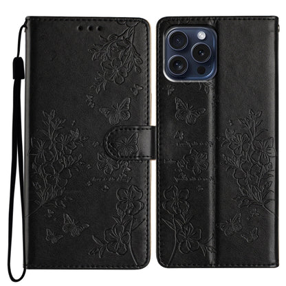 For iPhone 16 Pro Max Butterflies and Flowers Leather Phone Case(Black) - iPhone 16 Pro Max Cases by buy2fix | Online Shopping UK | buy2fix