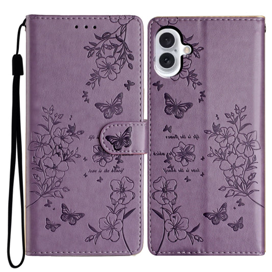 For iPhone 16 Butterflies and Flowers Leather Phone Case(Purple) - iPhone 16 Cases by buy2fix | Online Shopping UK | buy2fix