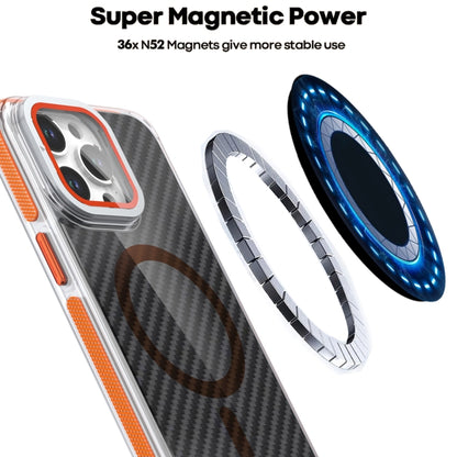 For iPhone 14 Pro Max Magsafe Dual-Color Carbon Fiber Lens Film Phone Case with Lens Fold Holder(Orange) - iPhone 14 Pro Max Cases by buy2fix | Online Shopping UK | buy2fix