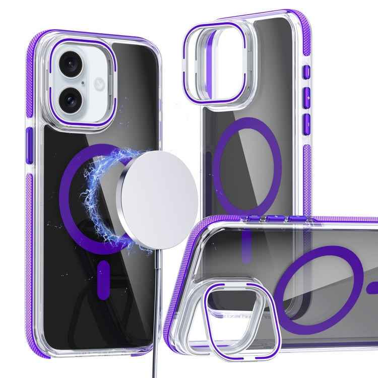 For iPhone 16 Magsafe Dual-Color Transparent Black Lens Holder Phone Case(Purple) - iPhone 16 Cases by buy2fix | Online Shopping UK | buy2fix