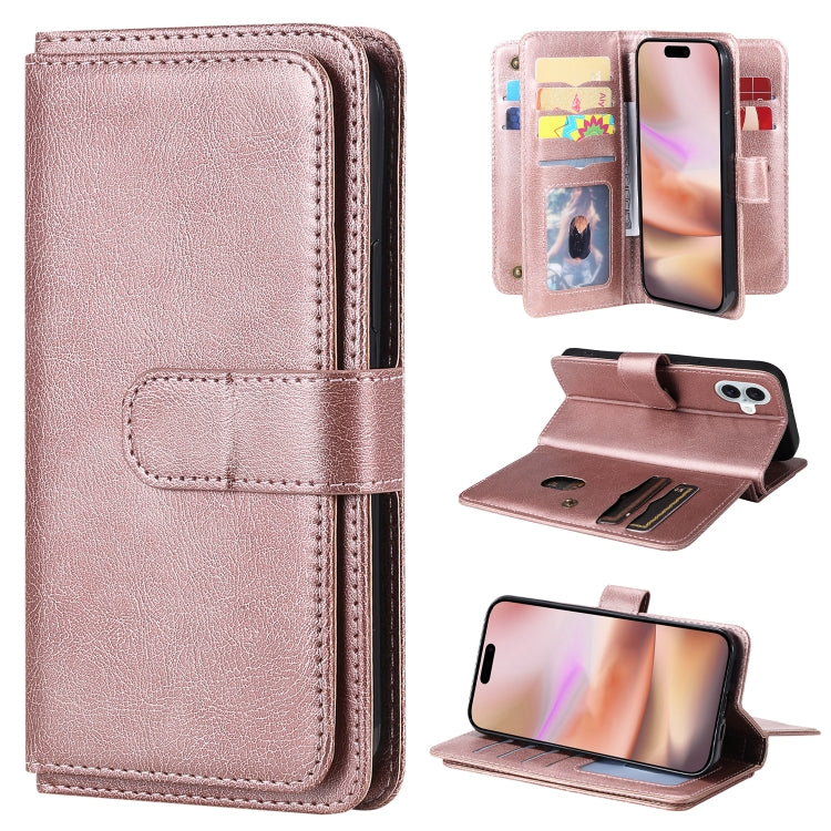 For iPhone 16 Plus Multi-Function Wallet 10 Card Slots Leather Phone Case(Rose Gold) - iPhone 16 Plus Cases by buy2fix | Online Shopping UK | buy2fix