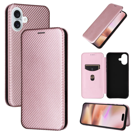 For iPhone 16 Carbon Fiber Texture Flip Leather Phone Case(Pink) - iPhone 16 Cases by buy2fix | Online Shopping UK | buy2fix