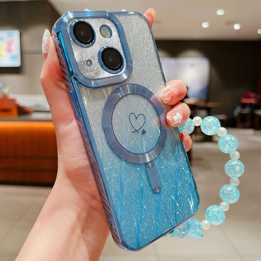 For iPhone 14 Plus Loves Leaves Gradient Glitter Bracelets Carbon Fiber Magsafe TPU Phone Case(Blue) - iPhone 14 Plus Cases by buy2fix | Online Shopping UK | buy2fix