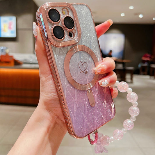 For iPhone 11 Pro Max Loves Leaves Gradient Glitter Bracelets Carbon Fiber Magsafe TPU Phone Case(Pink) - iPhone 11 Pro Max Cases by buy2fix | Online Shopping UK | buy2fix