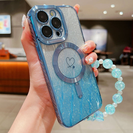 For iPhone 16 Pro Max Loves Leaves Gradient Glitter Bracelets Carbon Fiber Magsafe TPU Phone Case(Blue) - iPhone 16 Pro Max Cases by buy2fix | Online Shopping UK | buy2fix