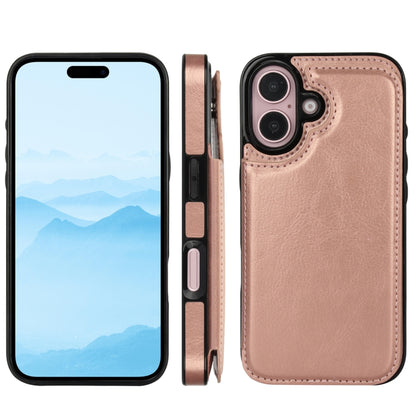 For iPhone 16 Plus Double Buckle Crazy Horse Texture PU Phone Case(Rose Gold) - iPhone 16 Plus Cases by buy2fix | Online Shopping UK | buy2fix