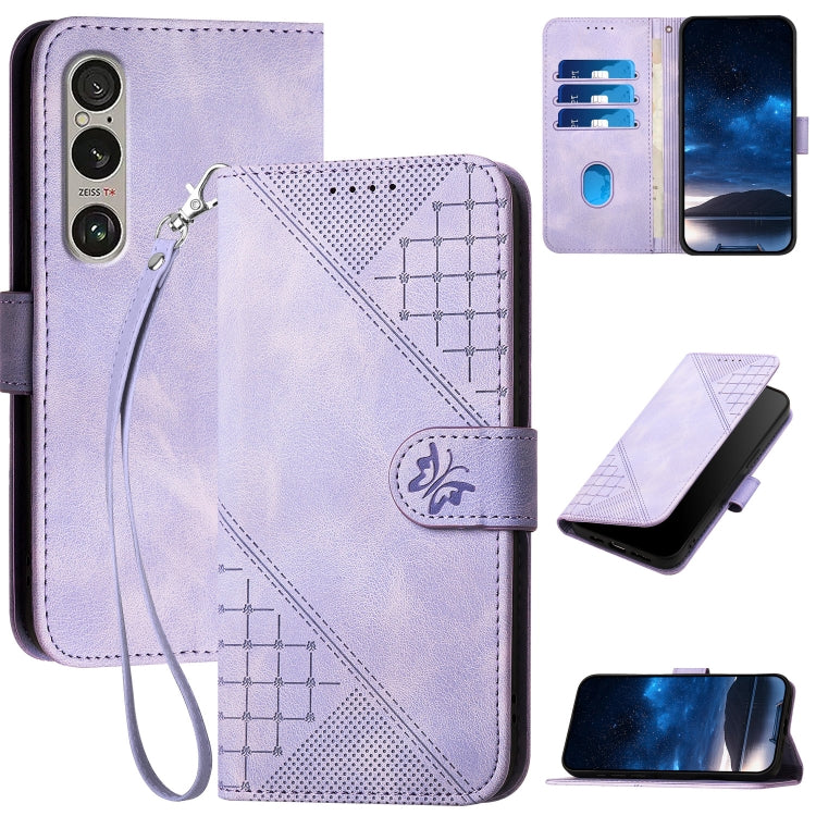 For Sony Xperia 1 VI 2024 YX0080 Grid Butterfly Embossed Pattern Flip Leather Phone Case with Lanyard(Light Purple) - Sony Cases by buy2fix | Online Shopping UK | buy2fix