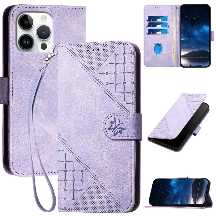 For iPhone 16 Pro Max YX0080 Grid Butterfly Embossed Pattern Flip Leather Phone Case with Lanyard(Light Purple) - iPhone 16 Pro Max Cases by buy2fix | Online Shopping UK | buy2fix