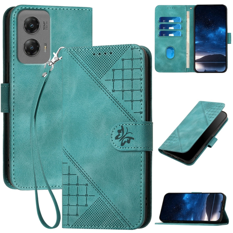 For Motorola Moto G Stylus 5G 2024 YX0080 Grid Butterfly Embossed Pattern Flip Leather Phone Case with Lanyard(Light Blue) - Motorola Cases by buy2fix | Online Shopping UK | buy2fix