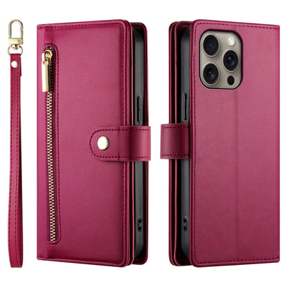 For iPhone 16 Pro Nine Card-slot Zipper Wallet Bag Leather Phone Case(Red) - iPhone 16 Pro Cases by buy2fix | Online Shopping UK | buy2fix