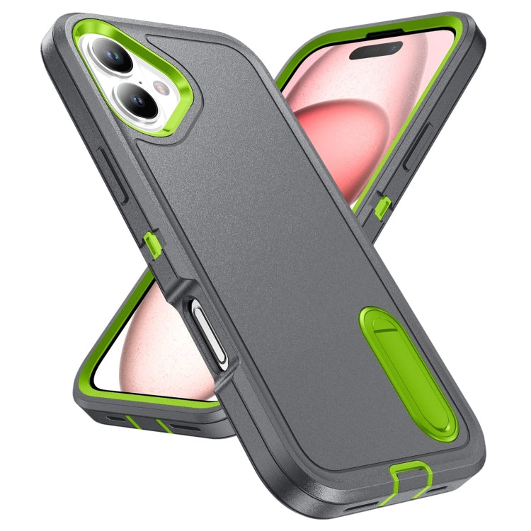 For iPhone 16 Plus Rugged PC + Silicone Phone Case with Holder(Grey+Fresh Green) - iPhone 16 Plus Cases by buy2fix | Online Shopping UK | buy2fix