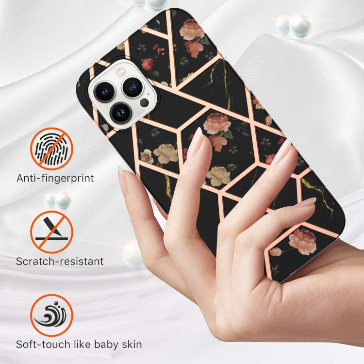 For iPhone 16 Pro Max Splicing Marble Flower IMD TPU Phone Case(Black Flower) - iPhone 16 Pro Max Cases by buy2fix | Online Shopping UK | buy2fix