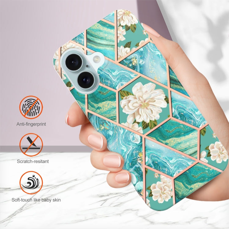 For iPhone 16 Plus Splicing Marble Flower IMD TPU Phone Case(Blue Flower) - iPhone 16 Plus Cases by buy2fix | Online Shopping UK | buy2fix