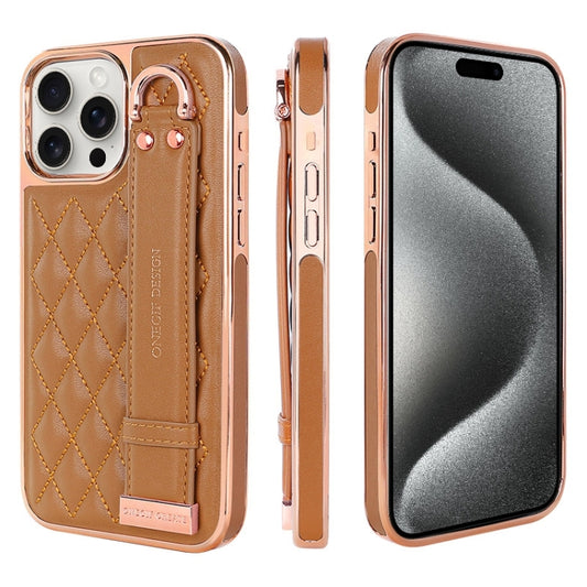 For iPhone 15 Pro Max VIETAO Rhombic Texture Wristband PU Phone Case(Brown) - iPhone 15 Pro Max Cases by VIETAO | Online Shopping UK | buy2fix