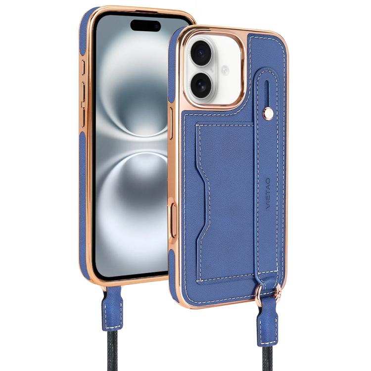 For iPhone 16 VIETAO Card Slot Wristband Phone Case with Lanyard(Blue) - iPhone 16 Cases by VIETAO | Online Shopping UK | buy2fix