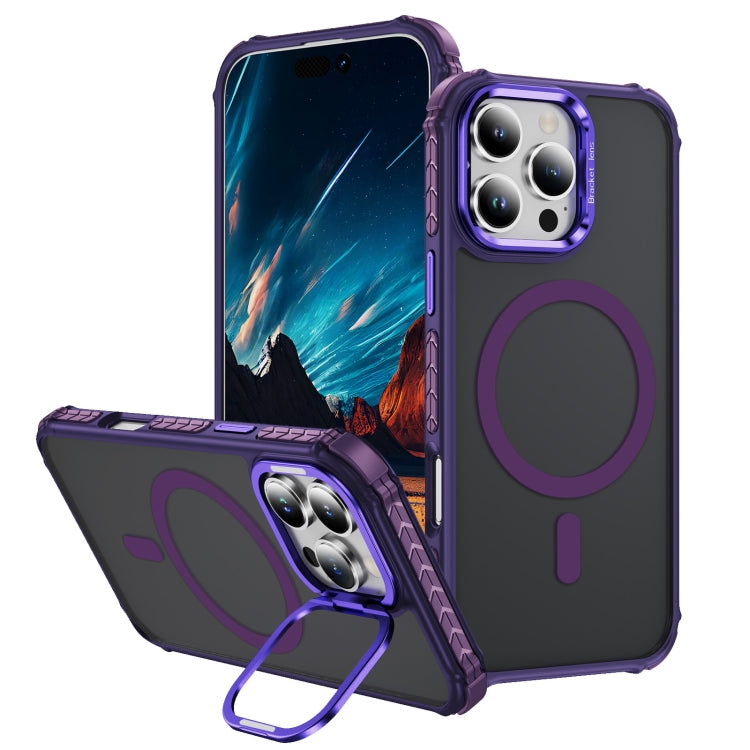 For iPhone 16 Pro Rainbow Series Skin Feel MagSafe Lens Holder Phone Case(Dark Purple) - iPhone 16 Pro Cases by buy2fix | Online Shopping UK | buy2fix