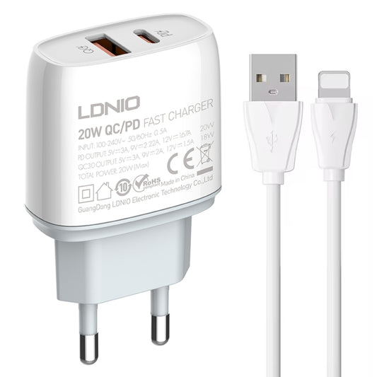 LDNIO Q229 QC3.0 / PD20W USB + Type-C Fast Charger with 1m USB to 8 Pin Cable, Plug Type:EU Plug(White) - USB Charger by LDNIO | Online Shopping UK | buy2fix