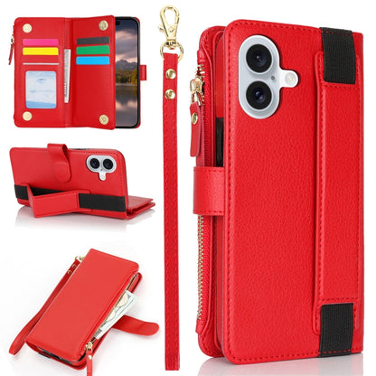 For iPhone 16 Plus Wristband Holder Zipper Purse RFID Leather Phone Case(Red) - iPhone 16 Plus Cases by buy2fix | Online Shopping UK | buy2fix