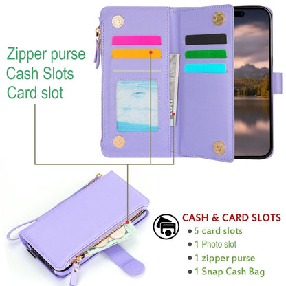 For iPhone 16 Pro Wristband Holder Zipper Purse RFID Leather Phone Case(Purple) - iPhone 16 Pro Cases by buy2fix | Online Shopping UK | buy2fix