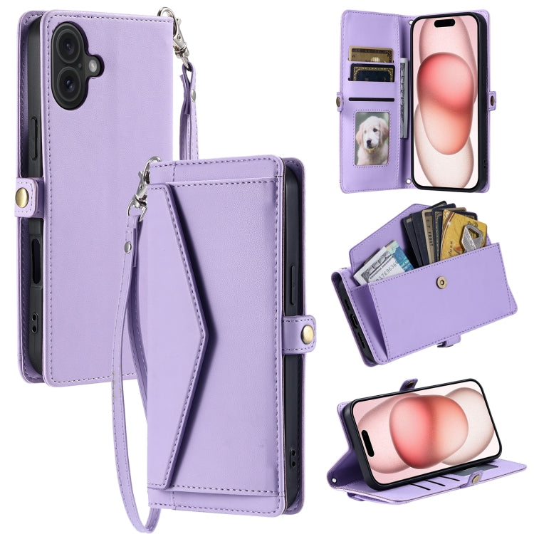 For iPhone 16 Wallet Multi-card Slot Leather Phone Case with Lanyard(Purple) - iPhone 16 Cases by buy2fix | Online Shopping UK | buy2fix