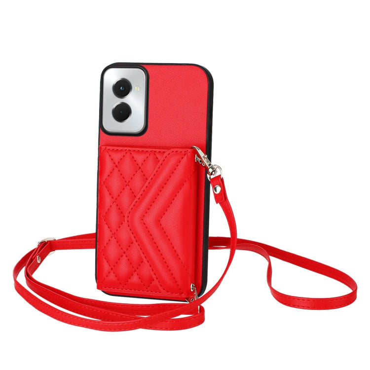 For Motorola Moto G Power 2024 5G Rhombic Texture Card Bag RFID Phone Case with Long Lanyard(Red) - Motorola Cases by buy2fix | Online Shopping UK | buy2fix