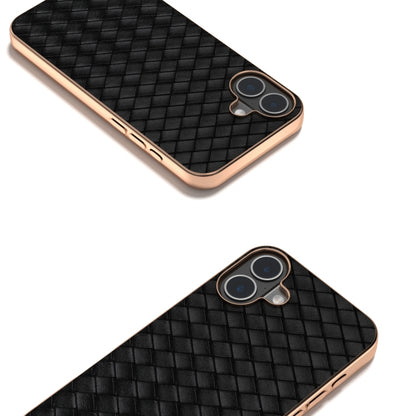 For iPhone 16 Plus Electroplated Frame Woven Texture PU Phone Case(Black) - iPhone 16 Plus Cases by buy2fix | Online Shopping UK | buy2fix