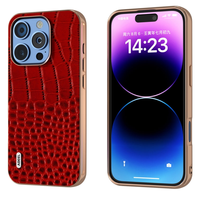 For iPhone 16 Pro ABEEL Electroplated Frame Genuine Leather Crocodile Pattern Phone Case(Red) - iPhone 16 Pro Cases by buy2fix | Online Shopping UK | buy2fix