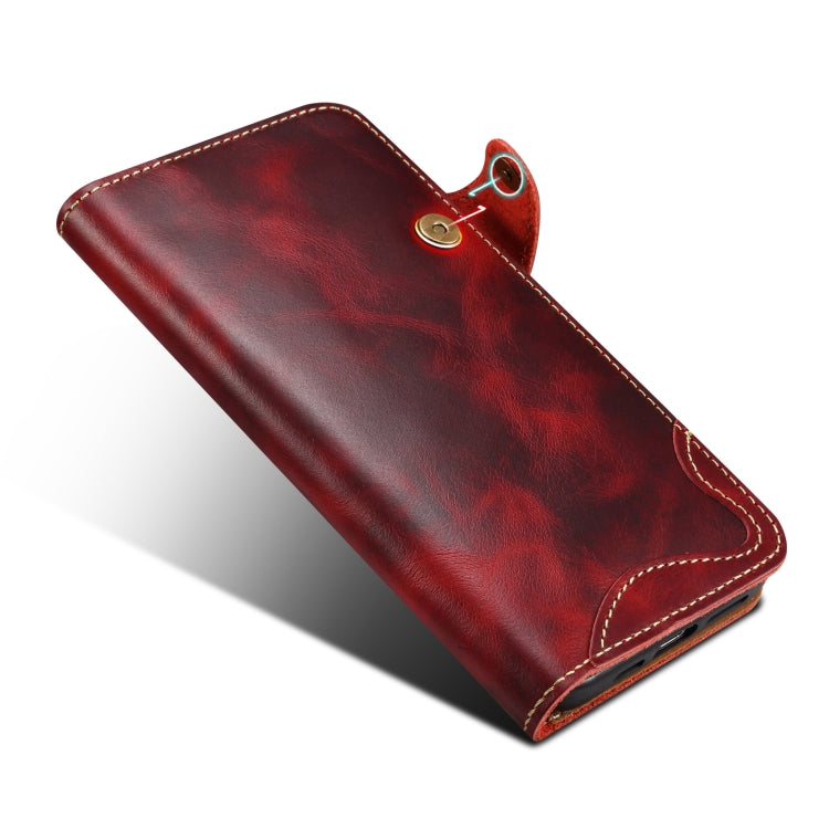 For iPhone 16 Pro Max Denior B01 Oil Wax Cowhide Magnetic Button Genuine Leather Case(Red) - iPhone 16 Pro Max Cases by Denior | Online Shopping UK | buy2fix