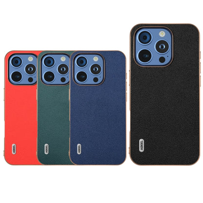 For iPhone 16 Pro Max ABEEL Electroplating Frame Genuine Leather Luolai Series Phone Case(Dark Blue) - iPhone 16 Pro Max Cases by buy2fix | Online Shopping UK | buy2fix