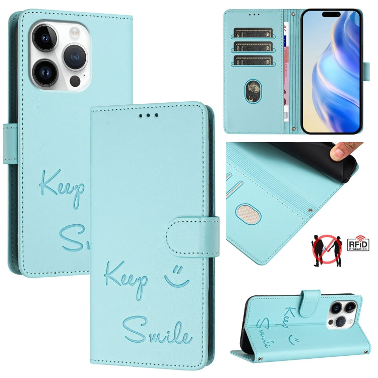 For iPhone 16 Pro Smile Embossing RFID Leather Phone Case(Mint Green) - iPhone 16 Pro Cases by buy2fix | Online Shopping UK | buy2fix