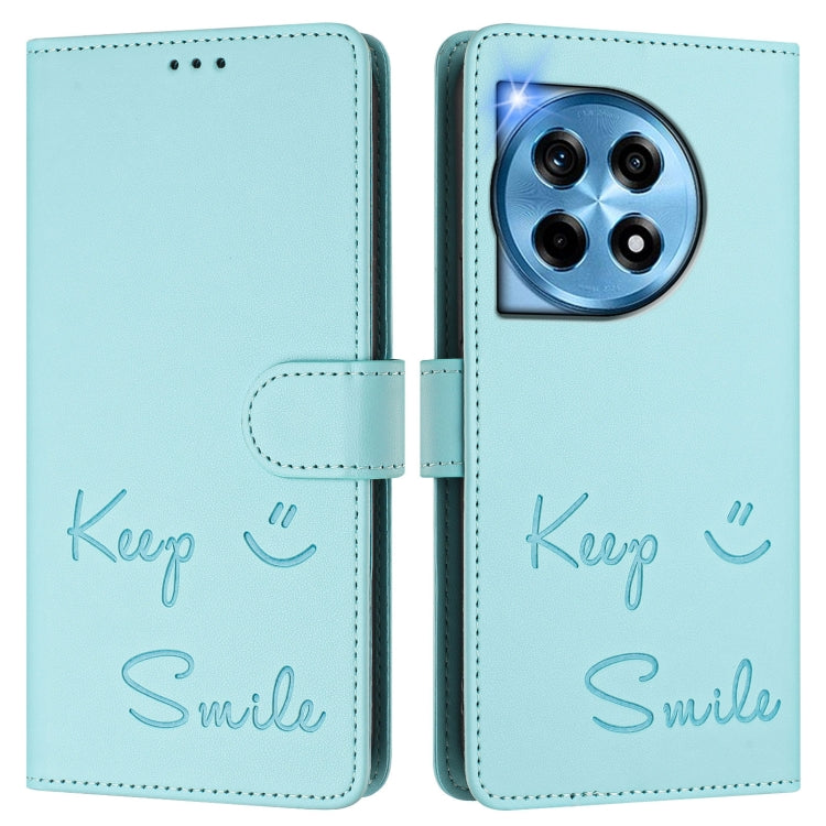 For OnePlus 12 5G Global Smile Embossing RFID Leather Phone Case(Mint Green) - OnePlus Cases by buy2fix | Online Shopping UK | buy2fix