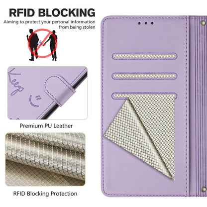 For Motorola Moto G 5G 2024 Global Smile Embossing RFID Leather Phone Case(Light Purple) - Motorola Cases by buy2fix | Online Shopping UK | buy2fix