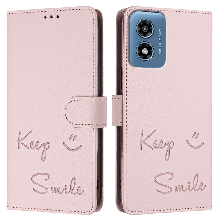 For Motorola Moto G Play 5G 2024 Global Smile Embossing RFID Leather Phone Case(Pink) - Motorola Cases by buy2fix | Online Shopping UK | buy2fix