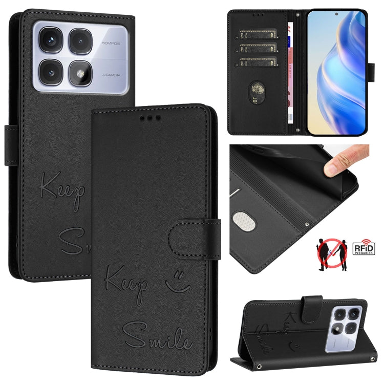 For Redmi K70 Ultra 5G Global Smile Embossing RFID Leather Phone Case(Black) - Xiaomi Cases by buy2fix | Online Shopping UK | buy2fix