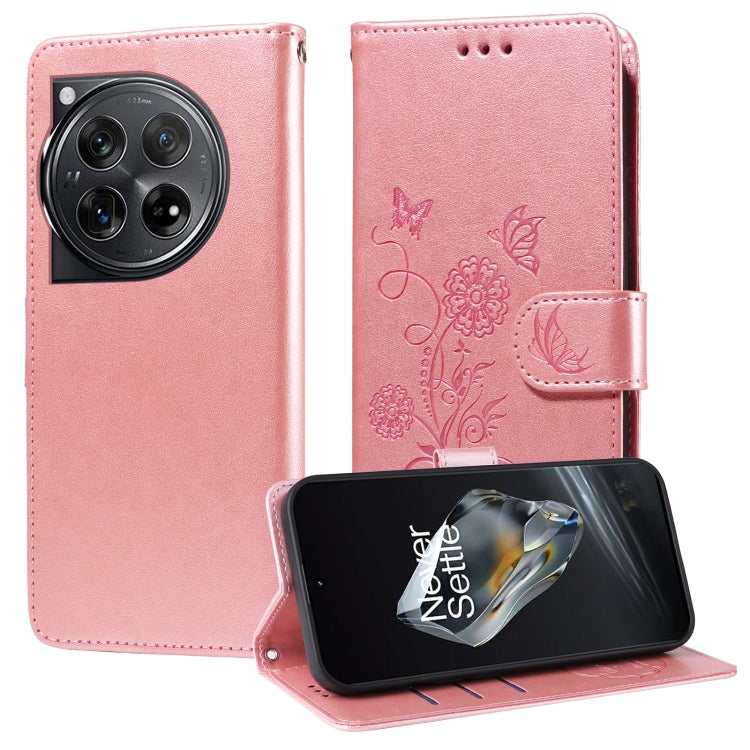 For OnePlus 12 Embossed Butterfly Flowers Leather Phone Case(Rose Gold) - OnePlus Cases by buy2fix | Online Shopping UK | buy2fix