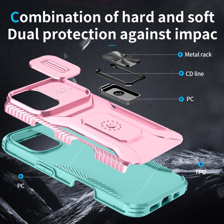 For iPhone 16 Sliding Camshield Holder Phone Case(Pink + Grey Green) - iPhone 16 Cases by buy2fix | Online Shopping UK | buy2fix