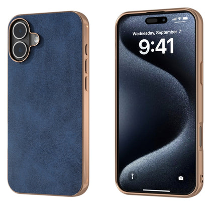 For iPhone 16 Nano Electroplating Dual Color Cowhide Texture Protective Phone Case(Blue) - iPhone 16 Cases by buy2fix | Online Shopping UK | buy2fix