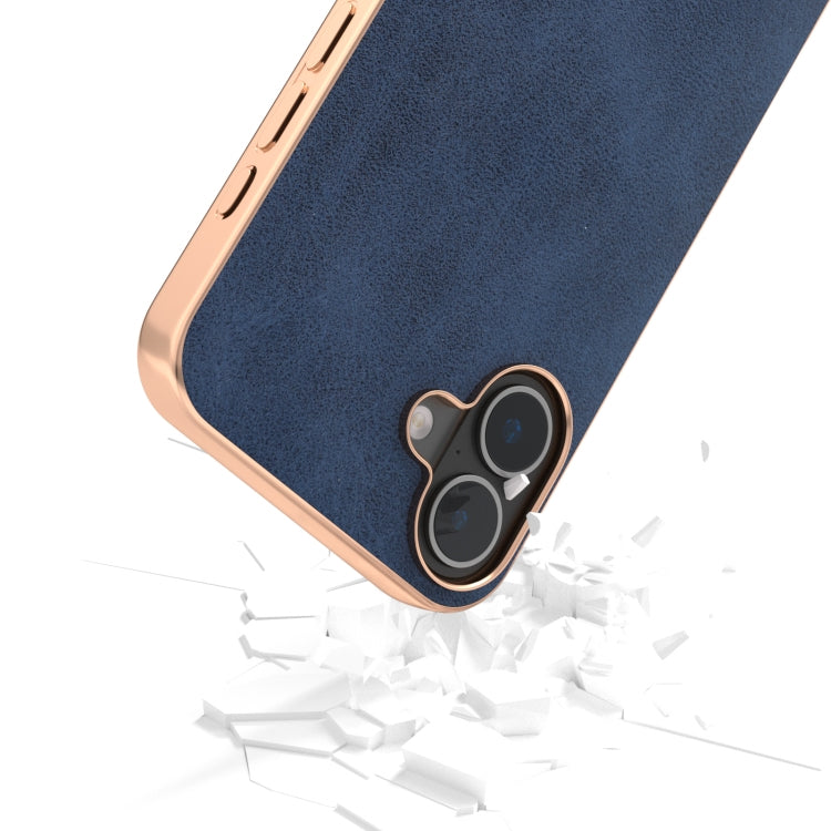 For iPhone 16 Nano Electroplating Dual Color Cowhide Texture Protective Phone Case(Blue) - iPhone 16 Cases by buy2fix | Online Shopping UK | buy2fix