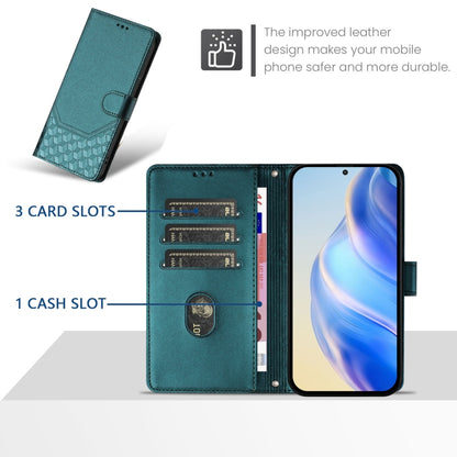 For iPhone 16 Plus Honeycomb Embossing RFID Leather Phone Case(Peacock Green) - iPhone 16 Plus Cases by buy2fix | Online Shopping UK | buy2fix