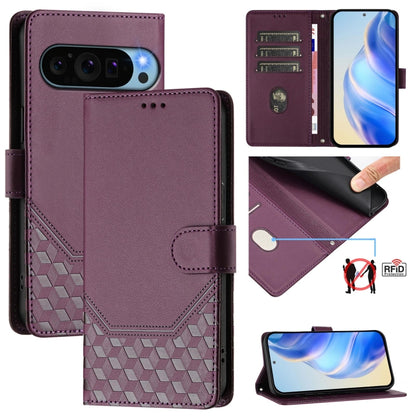 For Google Pixel 9 / 9 Pro Honeycomb Embossing RFID Leather Phone Case(Violet) - Google Cases by buy2fix | Online Shopping UK | buy2fix