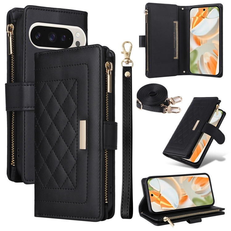 For Google Pixel 9 / 9 Pro Crossbody Zipper Wallet Rhombus Leather Phone Case(Black) - Google Cases by buy2fix | Online Shopping UK | buy2fix