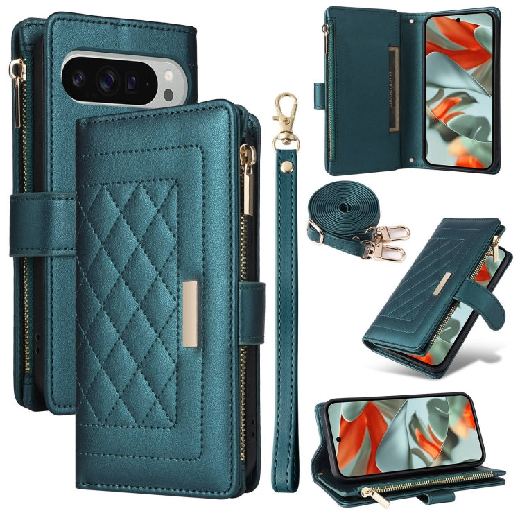 For Google Pixel 9 Pro XL Crossbody Zipper Wallet Rhombus Leather Phone Case(Green) - Google Cases by buy2fix | Online Shopping UK | buy2fix