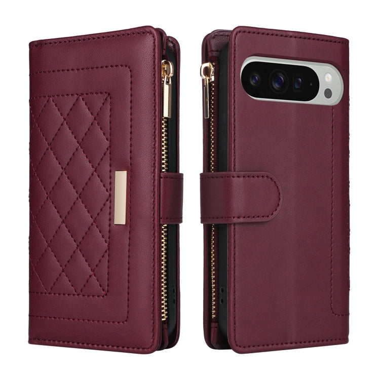 For Google Pixel 9 Pro XL Crossbody Zipper Wallet Rhombus Leather Phone Case(Wine Red) - Google Cases by buy2fix | Online Shopping UK | buy2fix